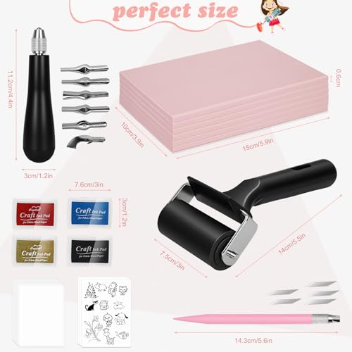 LAMPTOP 47 Pcs Block Printing Linocut Kit DIY Printmaking & Craft Projects | Rubber Stamp Making Set with Rubber Blocks,Carving Tools,Brayer & Ink,Complete Stamp Cutter Set for Beginners, Adults, Women