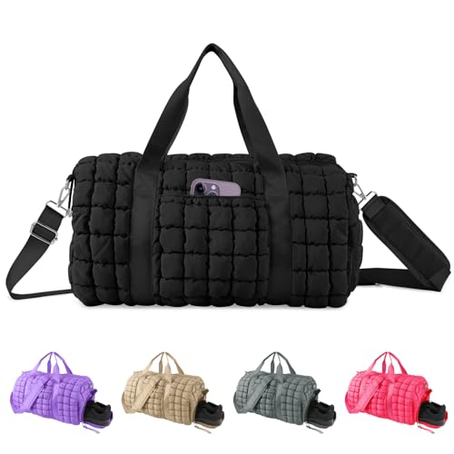 Quilted Travel Duffle Bag Gym Bag for Women,Large Puffer Duffle Weekender Bag with Compartment,Workout Overnight Carry on Organizer Bag Duffle Bag for Airplane Travel(L-Black) - color: Black, size: Large