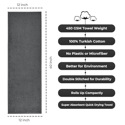 NUKURA 12’’ x 40’’ 100% Cotton Sweat Towel for Gym, Extra Soft & Durable, Ideal for Running, Walking, Yoga, Pickleball, Padel, Grey Neck Towels, 450 GSM - color: Dark Grey