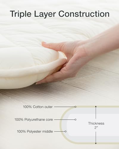 FULI Japanese Futon, Full Size, White - Foldable Shikibuton Floor Bed | Medium Firm Quilted Cotton Sleeping Pad, Portable Roll-Up Japanese Floor Bed for Guests & Small Spaces, 100% cotton surface - size: Full (75"L x 55"W), style: Standard
