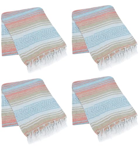 La Montana Bulk Falsa Mexican Blanket, 4 Pack, Melon/Light Blue/Tan/White | Authentic 74"x50" Lightweight Yoga Blanket Made in Mexico - Decorative Throw for Picnic, Camping, Beach, Bed, Home Decor - color: Melon/Light Blue/Tan/White