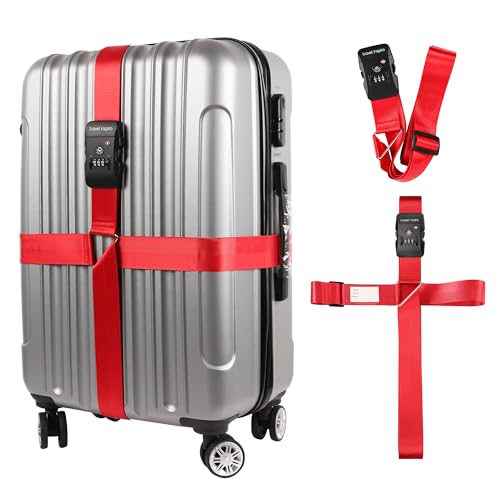 Travel Inspira TSA Accepted Long Luggage Cross Straps for Suitcases | Fits 20-28 Inch Bags; TSA-Approved Lock with Tag; Heavy-Duty Nylon; Adjustable Length; High Visibility Red; Anti-Burst - color: Cross Red