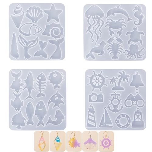 4 Piece Resin Earring Molds, Ocean Life Jewelry DIY Silicone Molds UV Resin Jellyfish Shell Starfish Earrings Keychain Lighthouse Ship Wheel Necklace Pendant Craft Supplies - color: Ocean