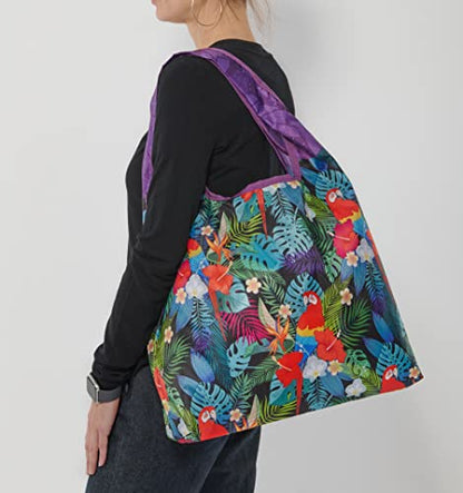 O-WITZ Reusable Grocery Bags | Vibrant Tote Bag For Groceries, Gym, Office, Beach, Toys & More | Washable Design With Large Handles For Maximum Convenience | Folds Into A Small Pouch, Parrots purple - color: Parrots Purple