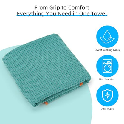 YESLIFE Non-Slip Yoga Towel, 72"x24", Cyan | Microfiber yoga mat towel, grip dots, sweat absorbent, hot yoga Pilates workout, includes sweat towel, Cyan - color: Cyan