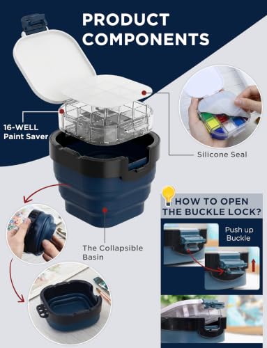 16-Well Airtight Empty Palette Box with Lid & Foldable Water Cup, Blue | Compact Travel Design, Refillable Paint Storage Suitable for Guache, Watercolor & Acrylic - color: Blue