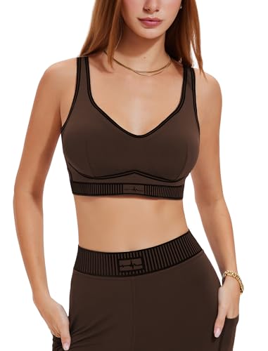 Sports Bra High Impact V Neck for Women, Adjustable Scalloped Straps Color Block U-Back Push Up Yoga Workout Gym Bra - color: Brown, size: Small