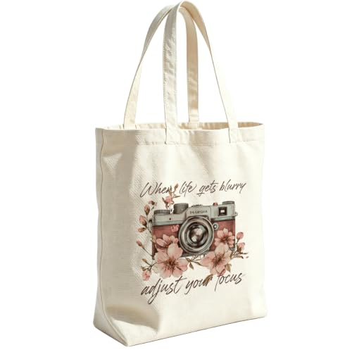 VICBOU Vintage Camera Canvas Tote Bag for Women Birthday,Mental Health Shoulder Bag with Pocket for Grocery Shopping Beach - color: Camera02