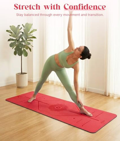 ROMIX Pro Yoga Mat With Alignment Lines, 6Mm Thick Non-Slip Exercise Mat | 72 x 24 In TPE Large Pilates Mat For Home Workout, Stretching, Training, Meditation, Carry Bag Included For Women And Men - color: Red