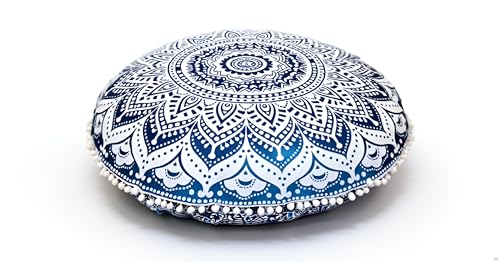 ICC 32" Blue Mandala Floor Pillow Cushion Cover Seating Throw Cover Hippie Decorative Bohemian Ottoman Poufs Cover, Pom Pom Pillow Cases, Boho Indian - color: Blue