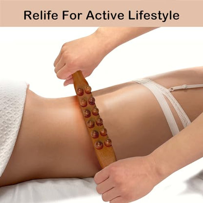 Wood Therapy Massage Stick, 2 in 1 Double Row 12 Beads Maderoterapia Kit Wood Gua Sha Massage Tool, Wooden Gua Sha Lymphatic Drainage Massager Tool for Body Shaping - color: Brown