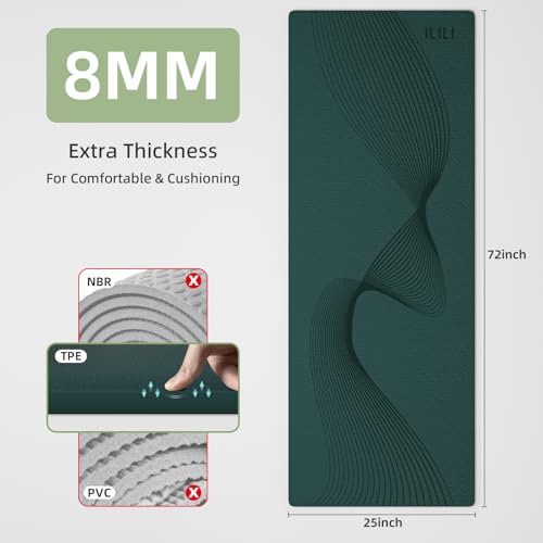 ILILI Exercise Mat 72''x25''×0.3''(8MM) | Compact Eco Friendly TPE Yoga Mat for Pilates & Fitness, Tear Resistant with Carry Strap for Home Gym Studio Stretching - color: Dark Green