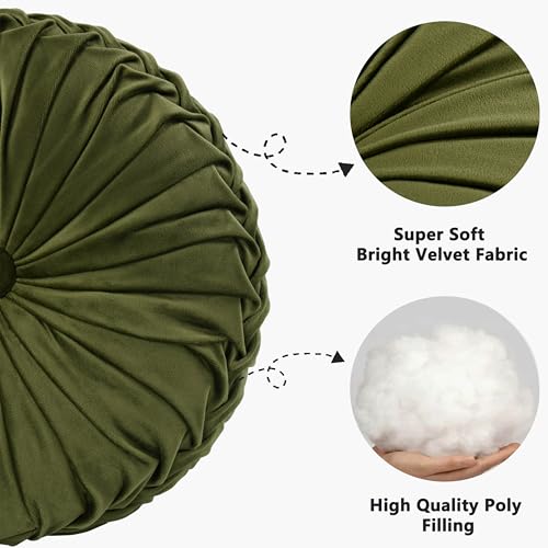 HIG Set of 2 Olive Velvet Decorative Round Pleated Throw Pillows - color: Olive
