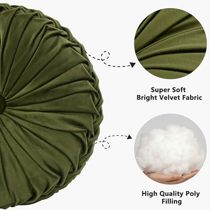 HIG Set of 2 Olive Velvet Decorative Round Pleated Throw Pillows - color: Olive