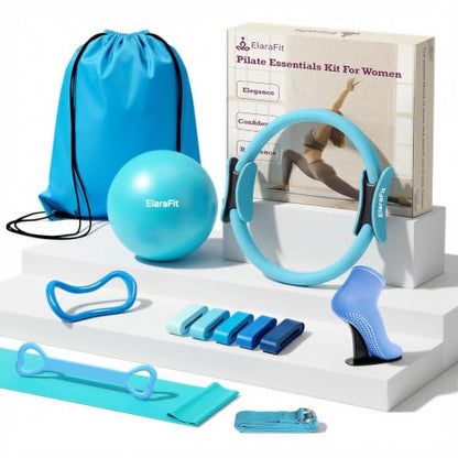 Home Pilates Ring and Ball Set for Women with 5 Resistance Bands 13 inch Magic Circle Workout Starter Kit for Beginners Full Body Toning 15 Min Daily Routine - color: Blue