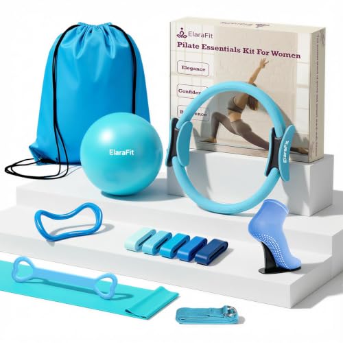Home Pilates Ring and Ball Set for Women with 5 Resistance Bands 13 inch Magic Circle Workout Starter Kit for Beginners Full Body Toning 15 Min Daily Routine - color: Blue