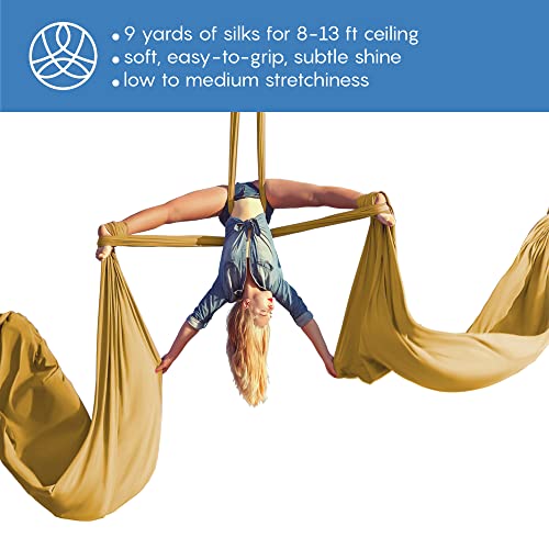 Aerial Silks Starter Kit, 9 Yards, Aerial Yoga Hammock, Hardware | Knitted fabric with pose guide, for aerial yoga, gymnastics, silk swing, stretching and home gym use, suitable for all levels - color: Gold
