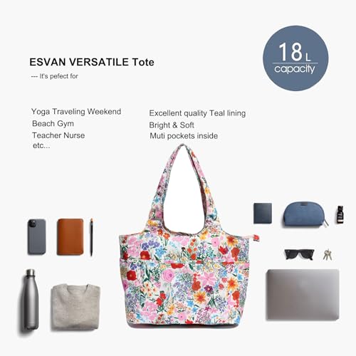 ESVAN Yoga Tote Bag Mat bag Women Shoulder Bags Carryall Tote for Travel Office Workout Gym Nurse Beach - color: Canvas Pink Flower