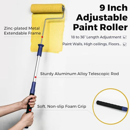 15pcs Paint Roller Kit - 12" Ladder Paint Tray, 9" Extendable Paint Roller (18-36 Inch), 4" 2" Mini Roller Frame with Microfiber Covers, Large Paint Kit for Painting Walls, Ceilings, Floors