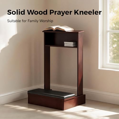 Prayer Kneeler with Book Storage Shelf, Wooden Catholic Prie Dieu Kneeling Bench for Home Altar, Solid Wood Meditation Worship Stool with Thick Padded Cushion(White) - color: White