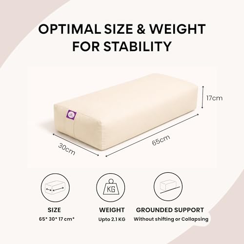 Yogikuti Cotton-Filled Rectangular Bolster for Iyengar Yoga- Cotton Pillow Best for Back Support & Chest-Opening in Restorative Poses, Meditation (Beige)