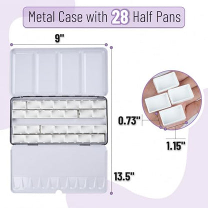 Mr. Pen- Empty Watercolor Paint Palette Tin, Metal Case with 28 Half Pans | Compact Portable & Refillable Travel Watercolor Palette Tin for Acrylic Painting, Gouache & Travel Painting