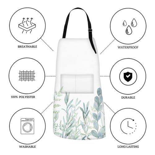 Apron with Pockets, 32x28 inch, for Women Men, Leaves Green | Floral Botanical Waterproof Adjustable Bib Aprons for Kitchen Cooking Baking Painting Gardening - color: Green Plants
