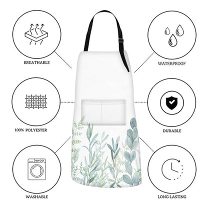 Apron with Pockets, 32x28 inch, for Women Men, Leaves Green | Floral Botanical Waterproof Adjustable Bib Aprons for Kitchen Cooking Baking Painting Gardening - color: Green Plants