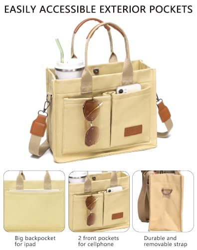 ZHMO Canvas Tote Bag for Women,Women's Bags Crossbody Bags Work Laptop Tote Bag Large Handbags Purse for Travel Nurse Teacher - color: Canvs Cute Khaki With Compartments