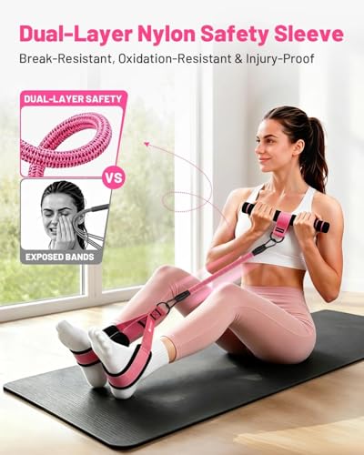 Multifunction Pedal Resistance Band with Handle, 4 Tubes 30/40/50LB Adjustable Foot Pedal Puller Resistance Band with Foam Handle& Storage for Men Women Core, Arm, Legs, Body Workout Home Gym, Pink