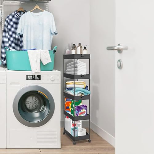 SPACEKEEPER 5 Tier Storage Rolling Cart, Bathroom Cart with Wheels, Black - color: Black, size: 5 Tier