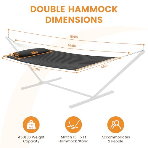 Lazy Daze 12 FT Double Quilted Hammock with Spreader Bar for Outside, Gray | 2 Person Heavy Duty Hammock with Detachable Pillow and Carabiners for Outdoor Backyard Poolside, 450lbs Weight Capacity - color: Dark Gray