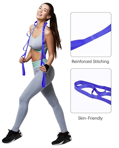 10 Loop Yoga Stretching Strap for Physical Therapy - Non-Elastic Exercise Band for Pilates, Yoga, Stretching for Women & Men - color: Blue