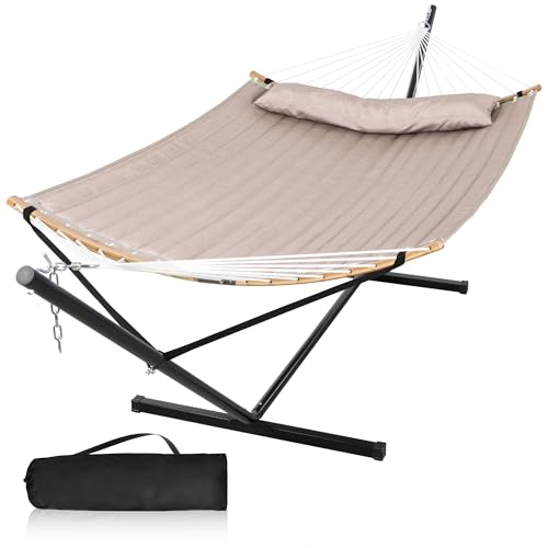 Double Hammock Curved Bar Hammock with 12FT Steel Stand, Tan | Heavy Duty Hammock with Curved Spreader Bars, Pillow, Safety Ropes and Portable Carring Bag, Large Hammock, Max 450 Lbs - color: Tan