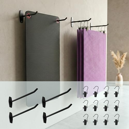 Wall Mount Yoga Mat Holder: Hanging Metal Rack For Eyelet Exercise Mats | 4 Pack Hooks & 12 PCS Clips for Yoga Mat (<5.5lbs), Foam Rollers & Gym Equipment Storage - Organizer for Fitness Workout