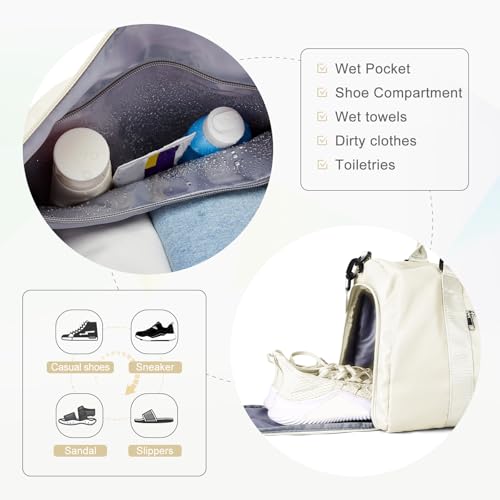 Gym Bag for Women Men with Shoes Compartment and Wet Pocket,Sport Swimming Yoga Bag,Waterproof Travel Duffel Bag Small Carry on Bag Overnight Weekender Bags Personal Item Bag for Airlines Cream White - color: A15-Cream White