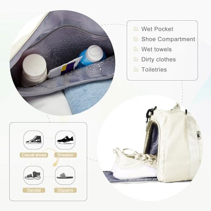 Gym Bag for Women Men with Shoes Compartment and Wet Pocket,Sport Swimming Yoga Bag,Waterproof Travel Duffel Bag Small Carry on Bag Overnight Weekender Bags Personal Item Bag for Airlines Cream White - color: A15-Cream White