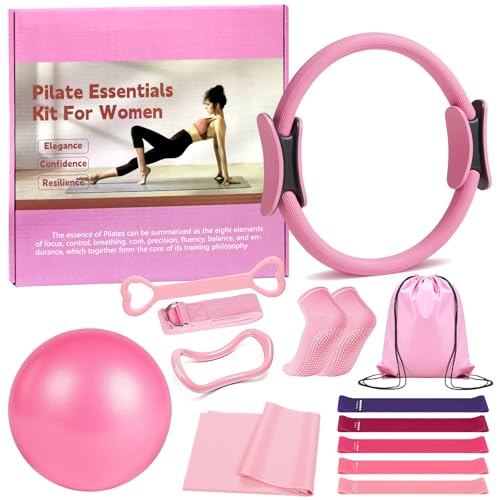 Pilates Ring 13 Piece Set,Pilates Kit for Women Exercise Equipment Accessories Deformation Magic Circle with Padded Handles, Workouts Ball, Guide & Bag, Resistance Bands for Legs Arms and Thighs - color: Pink
