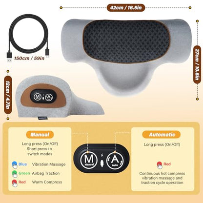 Rechargeable 3-in-1 Neck Massager Pillow with Heat,Vibration & Air Traction - Heated Neck Pillow Massage Hump Soothing Neck Relaxation, Posture Support & Stress Relief