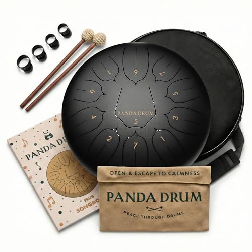 Panda Drum Plus (Black) | Steel Tongue Drum for Inside & Outside | 11 Inch | with Music Book, Mallets, Carrying Bag & Finger Picks | 432 Hz Rain Drum | Calming Musical Instrument for Adults - color: 3-Black