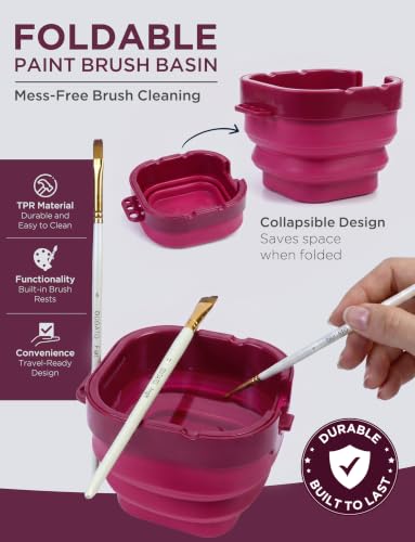 16-Well Airtight Empty Palette Box with Lid & Foldable Water Cup, Pink | Compact Travel Design, Refillable Paint Storage Suitable for Guache, Watercolor & Acrylic - color: Pink