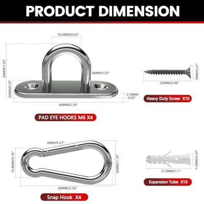 sprookber 304 Stainless Steel Pad Eye Snap Hook, M6 Ceiling Hook 800Lb,8Pcs | Hanging Kit with Screws for Hammock Chair Swing, Yoga Gym Equipment, Sun Shade Sail, Plant Hangers & Marine Boat Hardware - size: 2.3 inch, style: Oval