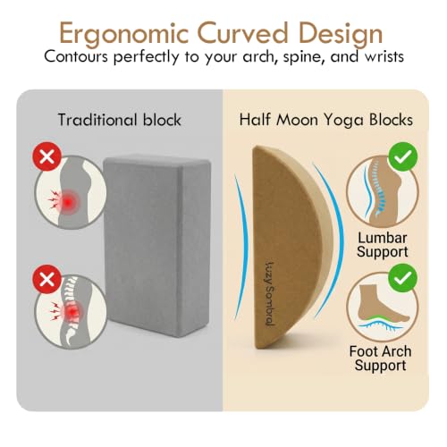 2 Pack Half Moon Cork Yoga Blocks with Cork Massage Ball, Calf Raise Block & Calf Stretcher, Foot Balance Trainer for Plantar Fasciitis Relief, Yoga Pilates Dance Stretching & Myofascial Release