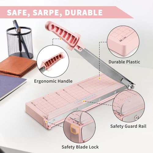 MAKEASY Paper Cutter 12 Inch, Guillotine Paper Cutter with 8 Sheet Capacity, Heavy Duty Paper Cutter for Cardstock, Paper Trimmer for Crafting, Classroom and Office, Pink - color: Pink