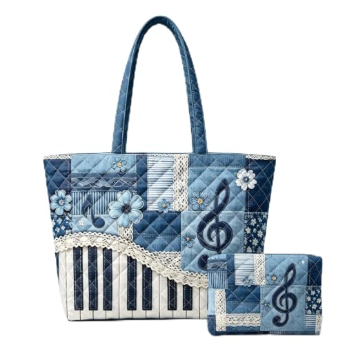 Quilted Tote Bag 2 Pack, Women's Tote Handbags for Work Travel - color: Denim Music Grey