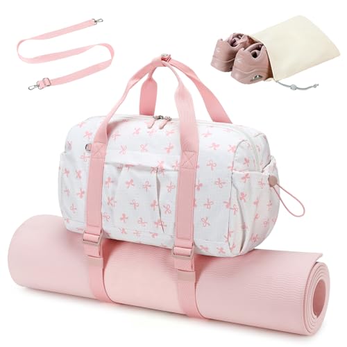 LEDAOU Small Gym Bag for Women | Mini Duffle Bag with Yoga Mat Holder, Lightweight Carry On Sports Bag, Separate Shoe Pocket and Wet Pocket - color: Pink Bow, size: Mini-14"