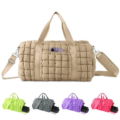 Quilted Travel Duffle Bag Gym Bag for Women,Large Puffer Duffle Weekender Bag with Compartment,Workout Overnight Carry on Organizer Bag Duffle Bag for Airplane Travel(L-Khaki) - color: Khaki, size: Large
