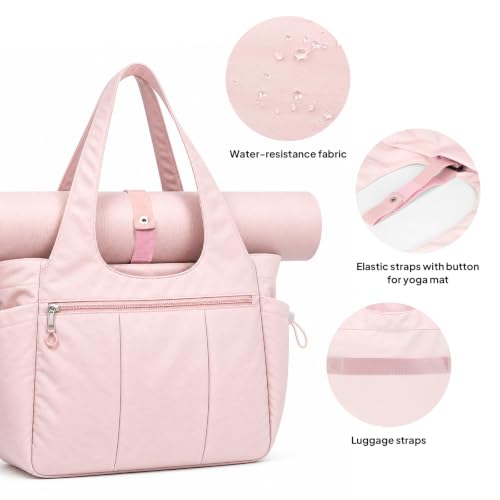 TOPEAST Foldable Tote Bag for Women with Yoga Mat Holder,Travel Tote Bag with Water Bottle Pocket,Lightweight Workout Gym Bag - color: Pink