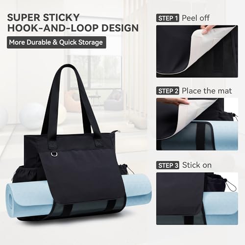 WLLWOO Yoga Mat Carrier Bag for Women Canvas Carryall Tote Gym Pilates | Large Holder Zipper Shoulder for Beach Travel Workout Fitness Office - color: Black-Mesh Holder