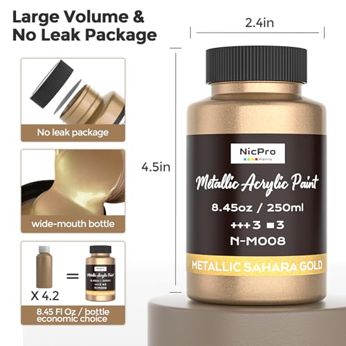 Nicpro Metallic Sahara Gold Acrylic Paint, 8.45oz/250ml Gold Leaf Paint | Large, Non Toxic, Non Fading Gold Paints for Metal, Wood, Craft, Clay, Fabric, Canvas, Furniture, Handcrafts, Art Supplies - color: Sahara Gold, size: 8.45 Fl Oz (Pack of 1)